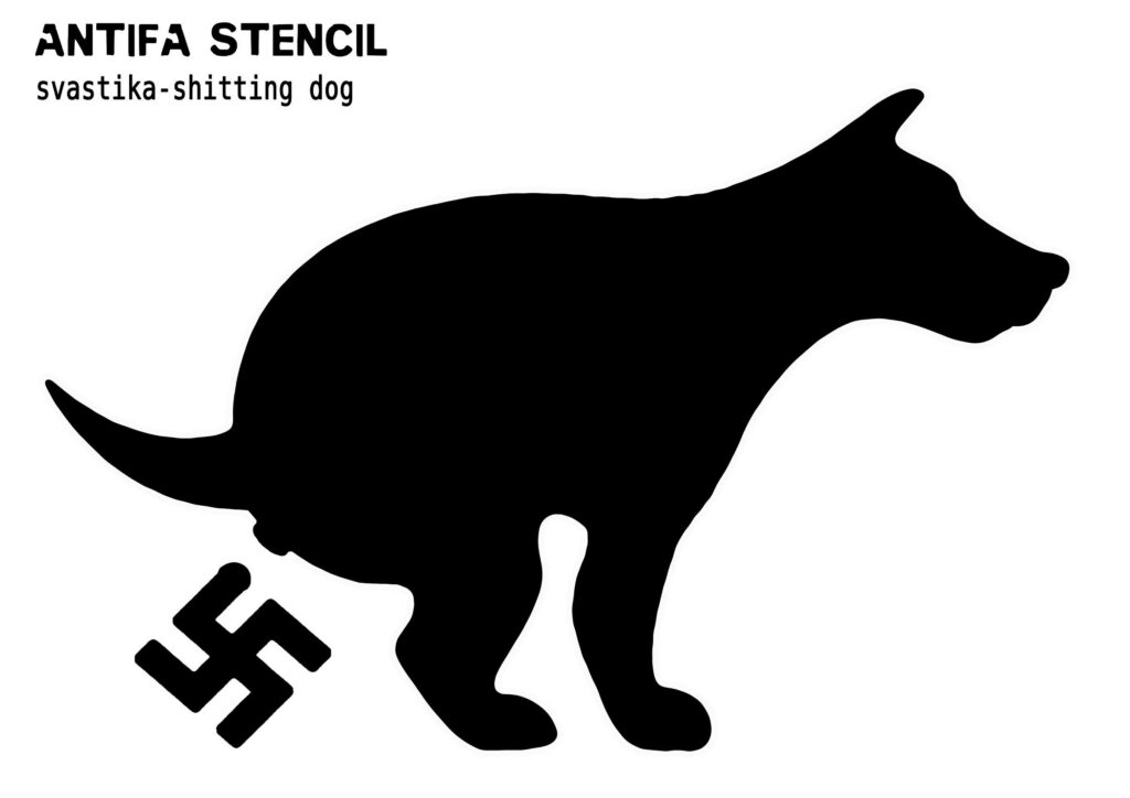 Antifa stencil svastika shitting dog